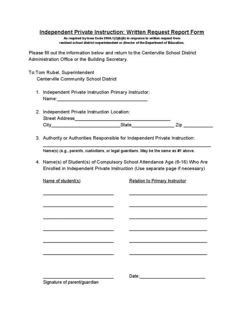 Independent Private Instruction  Written Request Report Form  pdf