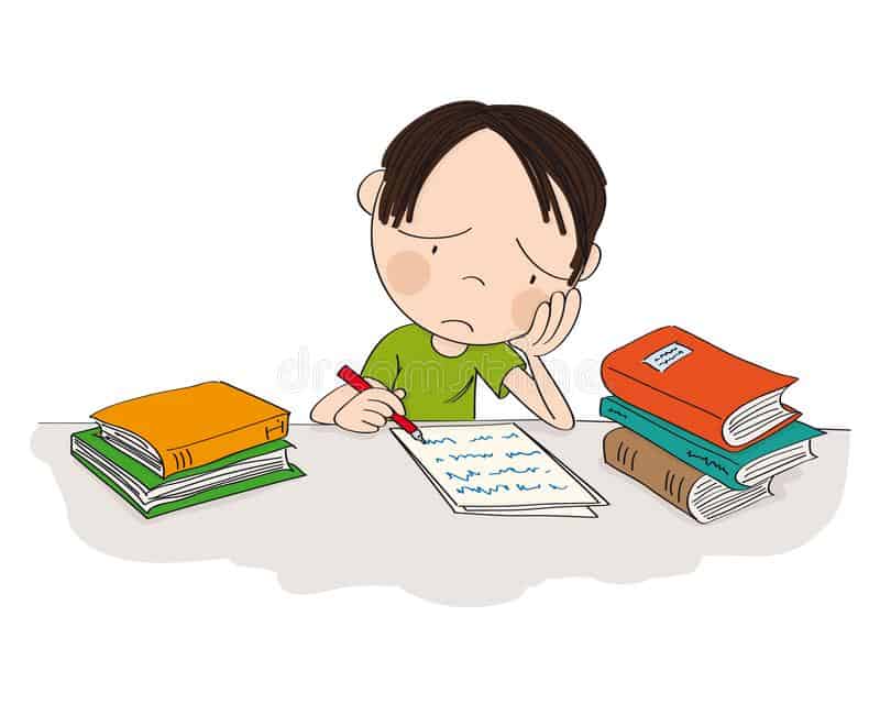 unhappy tired boy preparing school exam writing homework feeling sad bored original hand drawn illustration