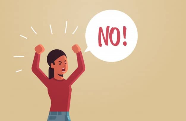 angry unhappy woman saying no speech balloon with no scream exclamation negation concept furious screaming girl raising hands flat portrait horizontal