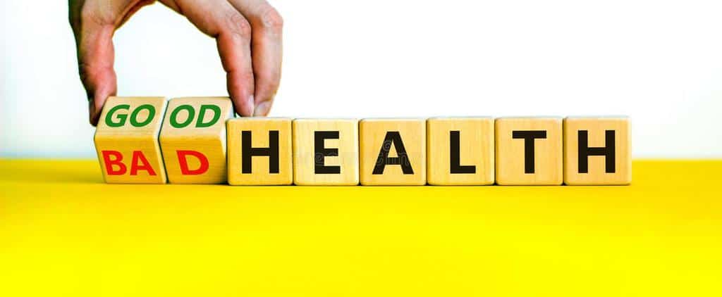 good bad health symbol doctor turns wooden cubes changes words bad health to good health beautiful yellow table white